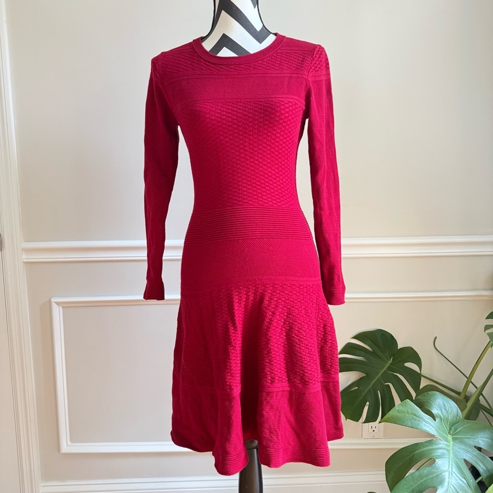 SANDRO Paris Sweater Dress Long Sleeve Red Knit Midi size Small‎